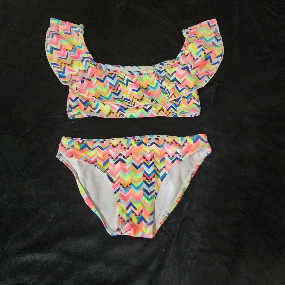 Girls Zigzag Bikini Set | Colorful Ruffle Swim Two Piece | Size 10/12